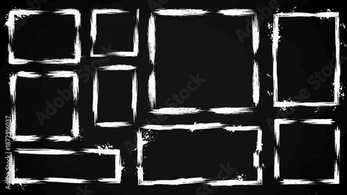 A collection of nine distressed white rectangular frames with a grunge texture on a black background, arranged in a grid-like pattern.