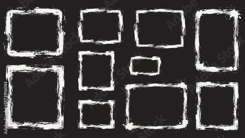 A collection of ten rough, hand-drawn white square and rectangular frames on a black background.