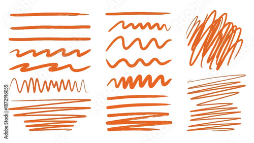 A collection of hand-drawn orange lines and scribbles, showcasing different drawing styles and textures.