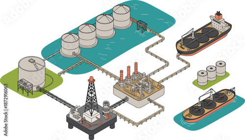Isometric oil and gas infrastructure illustration featuring drilling rig storage tanks pipelines tanker ships petroleum processing industrial energy system
