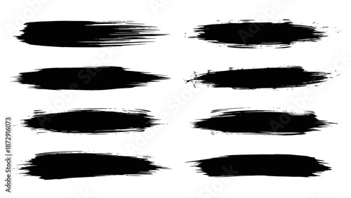 A collection of eight black brush stroke textures, each with a unique distressed and artistic appearance, presented against a white background.