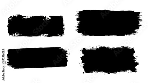 Four black brush stroke rectangles with rough edges on a white background, representing abstract art elements.