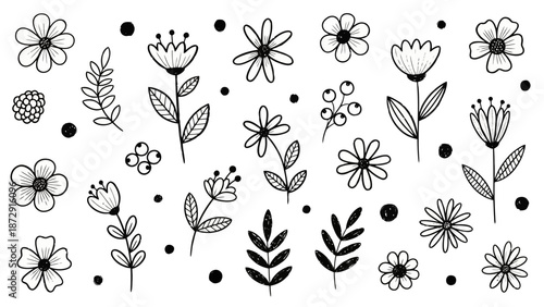 A charming collection of hand-drawn floral elements and decorative dots, perfect for artistic and design projects.