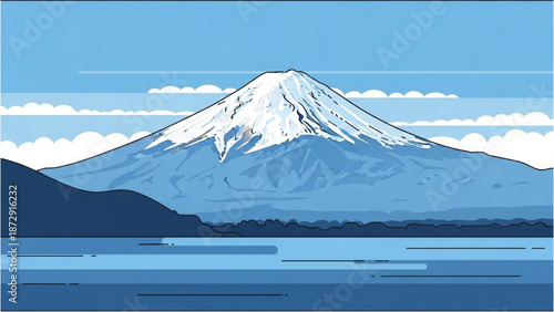 Serene mountain landscape with snow-capped peak and calm lake waters under a clear blue sky