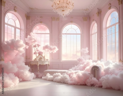 Elegant pastel pink room filled with soft clouds against a bright sky backdrop