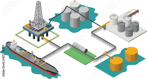Isometric oil and gas infrastructure illustration featuring drilling rig storage tanks pipelines tanker ships petroleum processing industrial energy system
