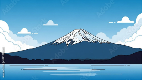 A serene landscape featuring a snow-capped mountain peak reflected in a calm lake under a clear blue sky with white clouds