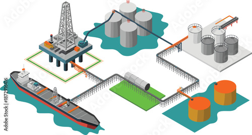 Isometric oil and gas infrastructure illustration featuring drilling rig storage tanks pipelines tanker ships petroleum processing industrial energy system