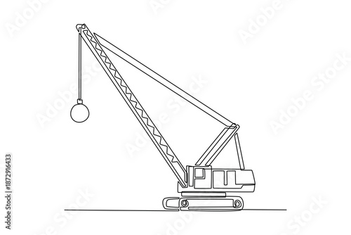 Single one line drawing demolition crane with wrecking ball seen from the side, emphasizing its industrial silhouette and function in a simple. Continuous line draw design graphic vector illustration