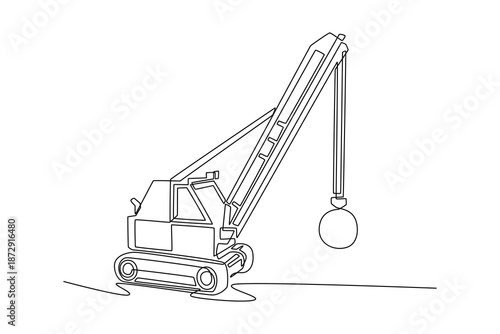 Single one line drawing detailed demolition crane with wrecking ball in perspective, machine mechanical structure, industrial design use. Modern continuous line draw design graphic vector illustration