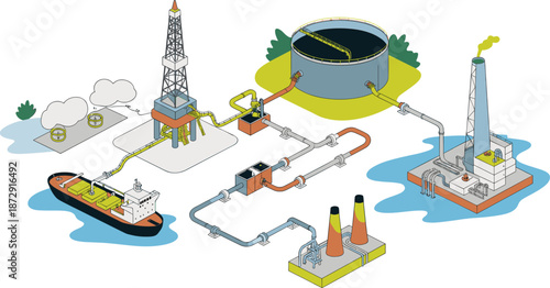 Isometric oil and gas production process illustration, drilling rig, pipelines, refinery, storage tanks, tanker ship, energy infrastructure, industrial system