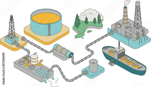 Isometric oil and gas production process illustration, drilling rig, pipelines, refinery, storage tanks, tanker ship, energy infrastructure, industrial system