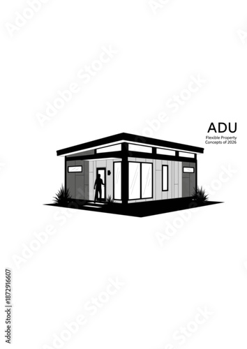 ADU Modern Backyard Living Silhouette. Person Entering Small Modular Guest House for 2026 Flexible Property and Eco Living Concept Vector.