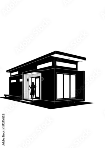 ADU Modern Backyard Living Silhouette. Person Entering Small Modular Guest House for 2026 Flexible Property and Eco Living Concept Vector.