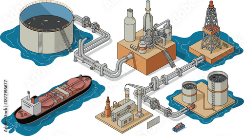Isometric oil and gas production process illustration, drilling rig, pipelines, refinery, storage tanks, tanker ship, energy infrastructure, industrial system