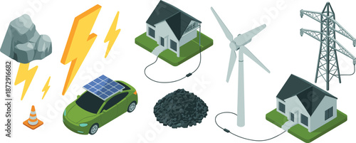 Isometric renewable energy illustration, solar car, wind turbine, power grid, coal, lightning, eco house, sustainable electricity concept, for modern infrastructure