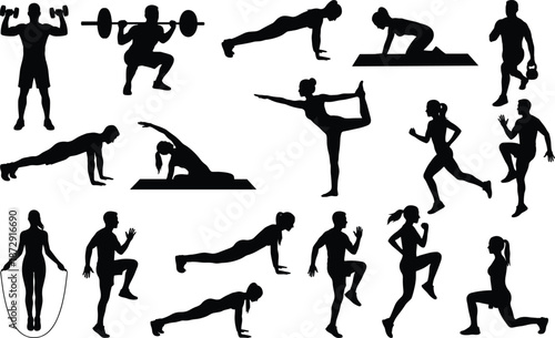 Comprehensive Set of Fitness Exercise Silhouettes Featuring Weightlifting, Yoga Poses, Running, Cardio Training, and Bodyweight Workouts for Gym and Wellness Content