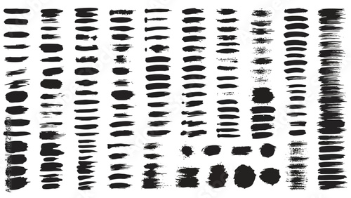 A comprehensive collection of diverse black ink brush stroke textures and artistic elements, showcasing varied shapes and sizes.