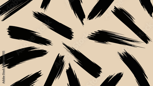 Abstract pattern of black brush strokes on a beige background, evoking a sense of artistic expression and modern design.