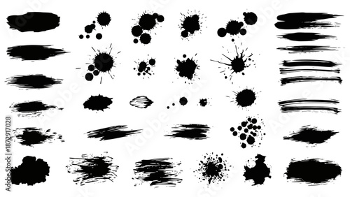 A collection of black ink splatters, brush strokes, and paint blots on a white background, offering diverse artistic elements.