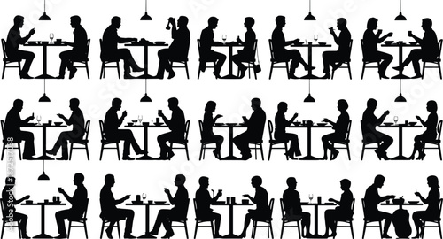 People dining silhouettes, restaurant conversation scenes, couples and friends eating, social interaction concept, cafe lifestyle illustration, minimal black vector