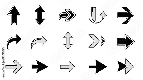 A collection of various black and white arrows pointing in different directions on a plain white background