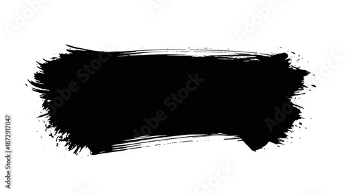 A bold, textured black brush stroke painted across a white background, creating a graphic element.