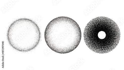 Three stippled spheres showing a gradient from light to dark, with the third sphere featuring a central white circle.