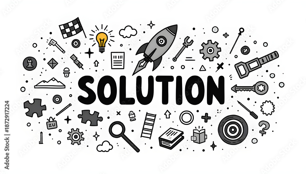 Obraz premium Minimalist hand-drawn solution illustration with rocket, lightbulb, gears, puzzle, and success icons on white background