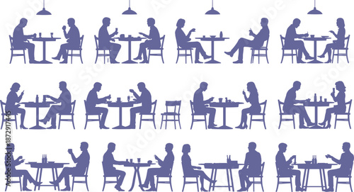 People dining silhouettes, restaurant conversation scenes, couples and friends eating, social interaction concept, cafe lifestyle illustration, minimal black vector