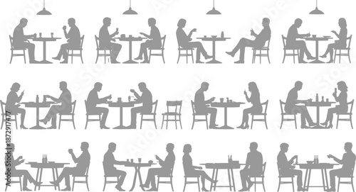 People dining silhouettes, restaurant conversation scenes, couples and friends eating, social interaction concept, cafe lifestyle illustration, minimal black vector
