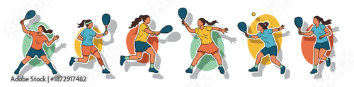 Dynamic vector illustration showcasing various female athletes engaged in active paddle sport poses, perfect for promoting fitness and healthy lifestyles.