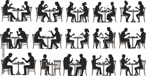 People dining silhouettes, restaurant conversation scenes, couples and friends eating, social interaction concept, cafe lifestyle illustration, minimal black vector