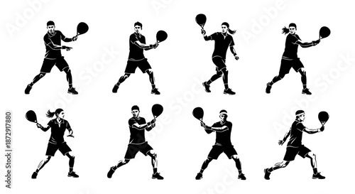 Dynamic collection of black and white pickleball player silhouettes showcasing various athletic poses and actions, ideal for sports-themed designs.