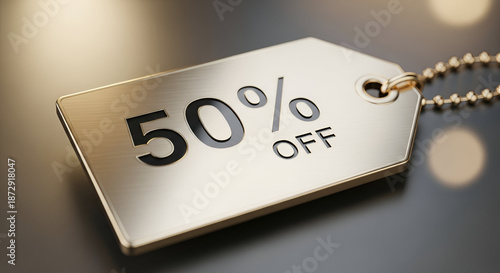 Luxurious metallic tag engraved with fifty percent off promotion clearly highlights a significant retail discount opportunity for exclusive seasonal sales events worldwide