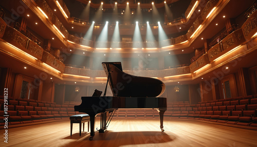 Grand piano stands center stage in classic concert hall. Spotlights shine down on stage, illuminating hall with rows of seating. Ornate architecture defines elegant performance space, music ready.