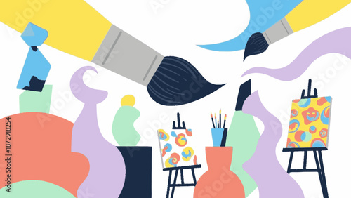 Artistic Expression with Paint Brushes and Canvases.