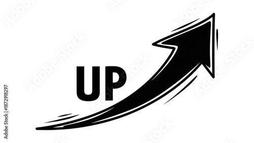 A black arrow pointing upwards with the word UP written next to it on a white background