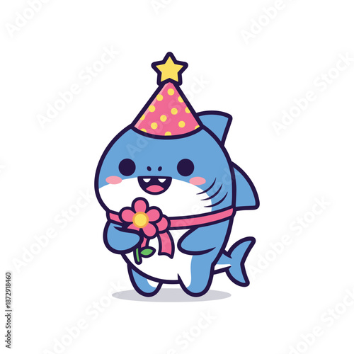 Cute Cartoon Shark with Party Hat and Flower
