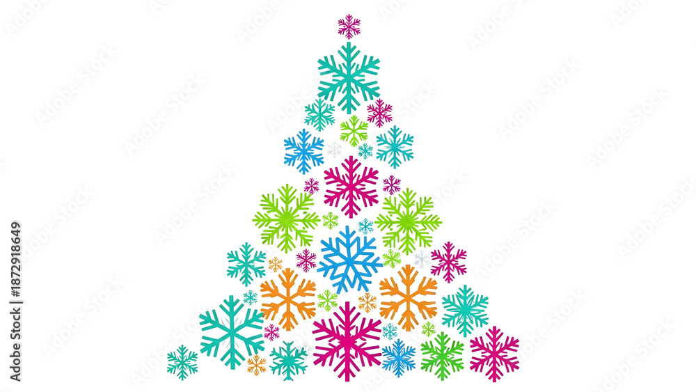 Fototapeta premium Colorful Christmas tree made of snowflakes, vibrant winter holiday graphic, decorative festive fir tree silhouette with blue pink and green ice crystals isolated PNG with Transparent Background