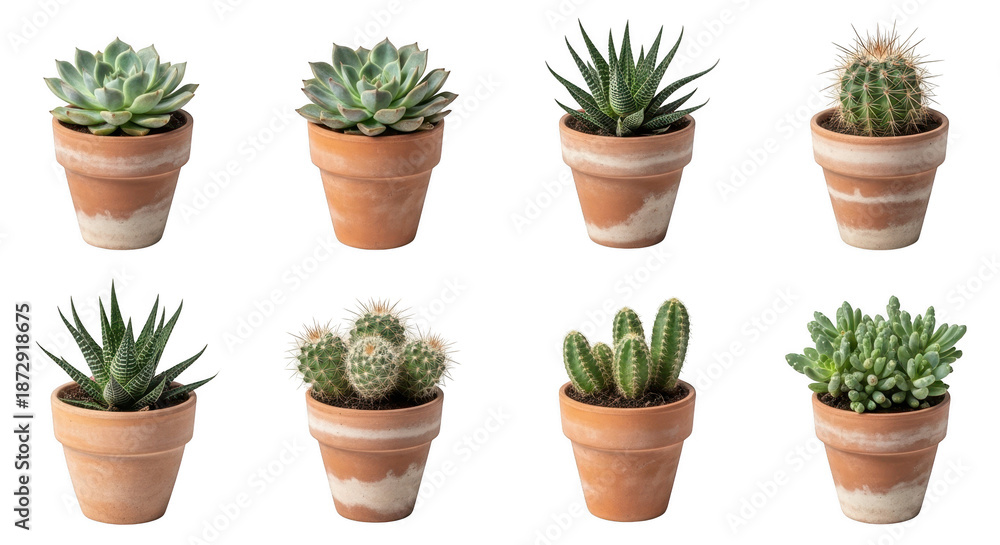 Fototapeta premium Collection of various cacti and succulents in terracotta pots isolated on transparent background