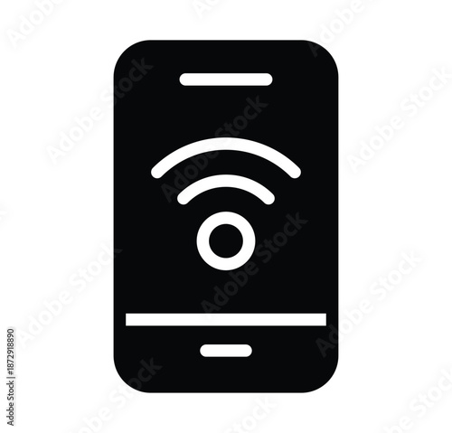 Black silhouette of smartphone with signal waves and circular icon