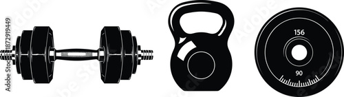 Black and white vector illustration set of heavy gym fitness equipment including dumbbell kettlebell and weight plate for bodybuilding workout