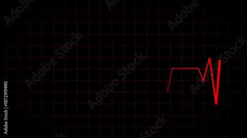 Red cardiogram waveform animation on black grid background. Medical monitoring visual for healthcare technology, cardiology systems, clinical dashboards, digital diagnostics, and data display.