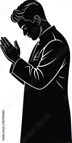 Black and white vector silhouette of a faithful man praying with clasped hands isolated on white background for religious concept