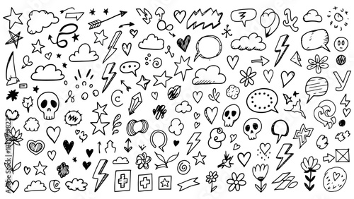 A diverse collection of hand-drawn doodle elements, including clouds, hearts, stars, lightning bolts, speech bubbles, and skulls, presented in a black and white sketch style.