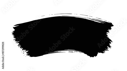 A bold, sweeping black brush stroke with a textured, slightly frayed edge against a clean white background.