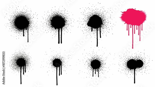 A collection of eight spray paint splatters, seven in black and one in vibrant pink, with dripping effects.