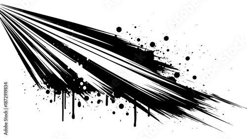 Abstract black ink splash with dynamic lines and splatter effects on a white background.