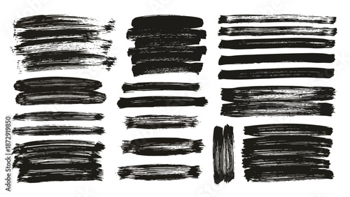 A collection of black marker brush strokes and lines on a white background, showcasing various textures and thicknesses.